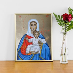 Byzantine Icon Mother of God, Religious painting of the Madonna and Child, Hand Painted Virgin Mary Icon.