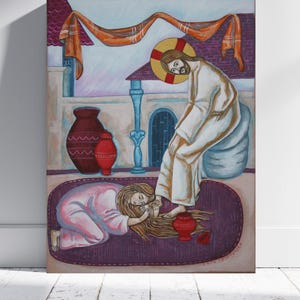 Mary Magdalene washing the feet of Jesus Christ, Religious Wall Art, Bible Wall Art, Ortodox Icon on Canvas