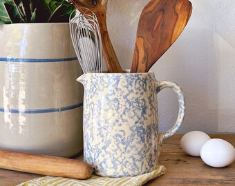 Vintage Casey Pottery Spongeware Small Pitcher | Blue and White Farmhouse Style Utensil Holder | Rustic Country Kitchen Decor | Housewarming