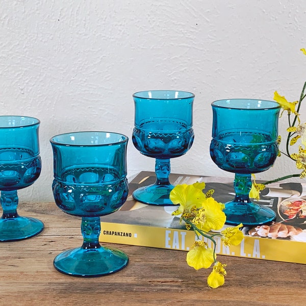 Vintage Indiana Glass Kings Crown Blue Thumbprint Glass Goblets in Set of 2 or 4 | Mid Century Wine, Juice and Water Glasses | Gift for Her