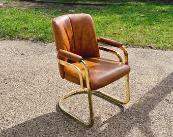 Vintage 1980s Brass and Brown Vinyl Cantilever Accent Chair by Chromcraft | Shipping Not Free | MCM Office Chair Dining Chair