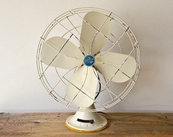 Vintage 1940s Emerson Electric Industrial 3-Speed Oscillating Electric Fan in White | 4-Blade Table Fan Model 79648-AX in Working Condition