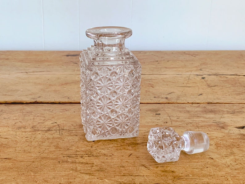Whiskey Decanter Barware Bar Cart Decor Small Vintage Fenton Glass Pressed Glass Square Decanter in Daisy Button Pattern with Stopper