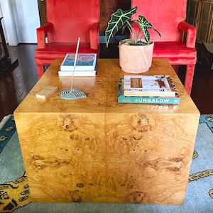 1970s Burlwood Cube Coffee Table in the Style of Milo Baughman | SHIPPING NOT FREE | Mid-Century Modern Living Room Furniture