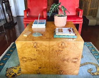 1970s Burlwood Cube Coffee Table in the Style of Milo Baughman | SHIPPING NOT FREE | Mid-Century Modern Living Room Furniture