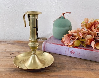 Antique 19th Century English Brass Push-Up Chamberstick | Vintage Candle Holder Farmhouse Home Decor | Wedding Decor