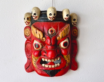 Antique Tibetan Ceremonial Wooden Mask | 3D Hand Carved Wood Sculpture Hanging Wall Decor | Chinese Art Eclectic Asian Style Home Decor