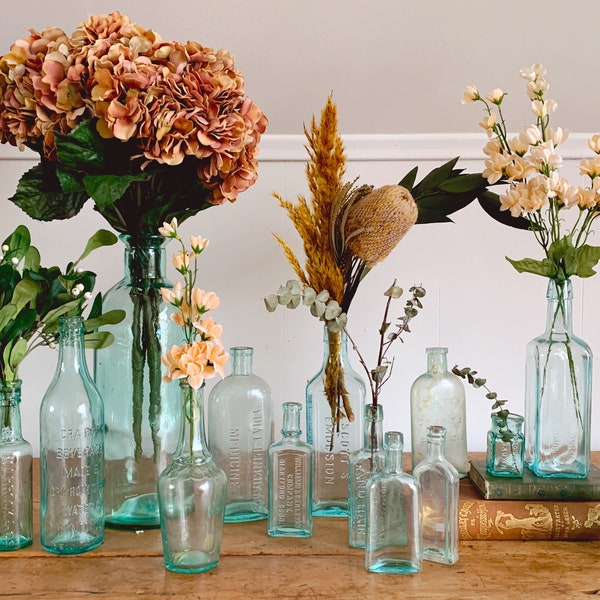 Vintage Aqua Blue Glass Bottles | EACH SOLD SEPERATELY | Farmhouse Decor Flower Vase | Antique Water, Soda, Medicine, Ink Bottle Collection
