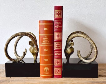 Pair of Vintage 1980s Brass Rams Head Bookends on Black Pedestal | Mid Century Library and Office Decor | Antelope Gazelle Ibex Bookends