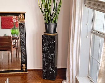 Vintage 1980s Rectangular Tessellated Black & White Marble Pedestal 36" Tall | Marble Laminate Sculptural Plant Stands | Art Display Plinth