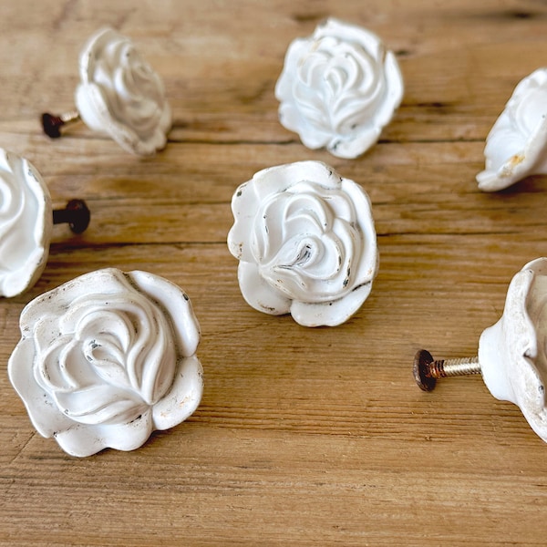 Antique White Rose Drawer Pulls | SOLD INDIVIDUALLY | Flower Dresser Knob | Distressed Cabinet Handles | Furniture Restoration Hardware