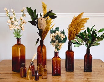 BACK IN STOCK! Assorted Vintage Amber Glass Bottles | Antique Farmhouse Decor Flower Vase | Avon and Wheaton Bottle Collection