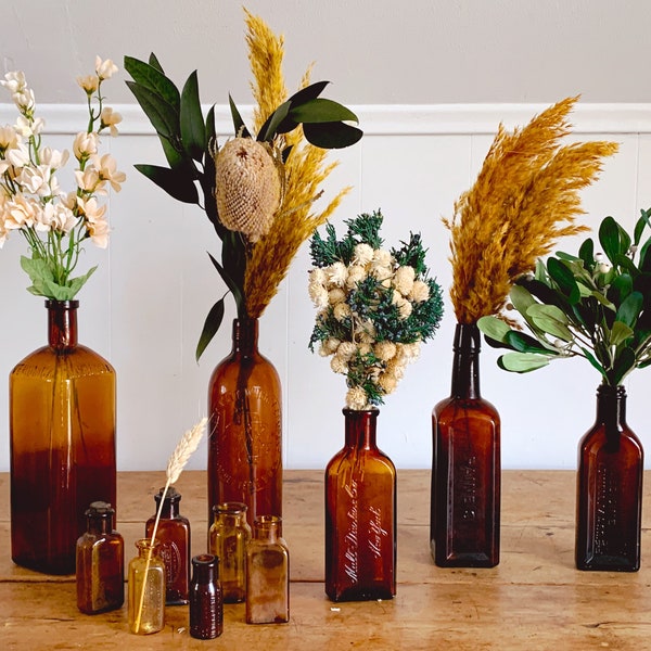 BACK IN STOCK! Assorted Vintage Amber Glass Bottles | Antique Farmhouse Decor Flower Vase | Avon and Wheaton Bottle Collection