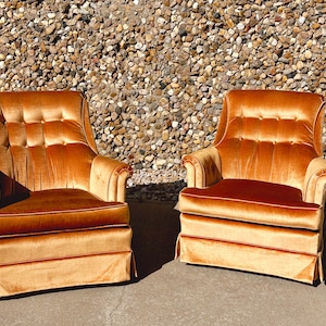 Pair of Mid Century Modern Orange Swivel Lounge Club Chairs by Massoud | SHIPPING NOT FREE | Vintage Tufted Upholstered Armchairs