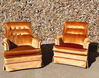 Pair of Mid Century Modern Orange Swivel Lounge Club Chairs by Massoud | SHIPPING NOT FREE | Vintage Tufted Upholstered Armchairs