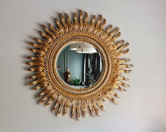 Extra Large Vintage Golden Sunburst Plaster Wall Mirror 42" | Hollywood Regency Style Large Resin Round Mirror | Gallery Wall Decor