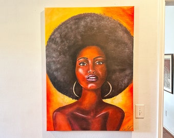 Original Large Oil painting on Canvas of Beautiful African Woman 44"x31" | Signed by Columbian Artist | Colorful Gallery Wall Decor