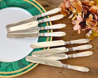 Set of 8 Vintage Harrison Bros & Howson Dinner Knives with Mother of Pearl Handle | Antique Silver-Plated Silverware | Holiday Dining