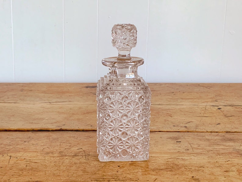 Whiskey Decanter Barware Bar Cart Decor Small Vintage Fenton Glass Pressed Glass Square Decanter in Daisy Button Pattern with Stopper