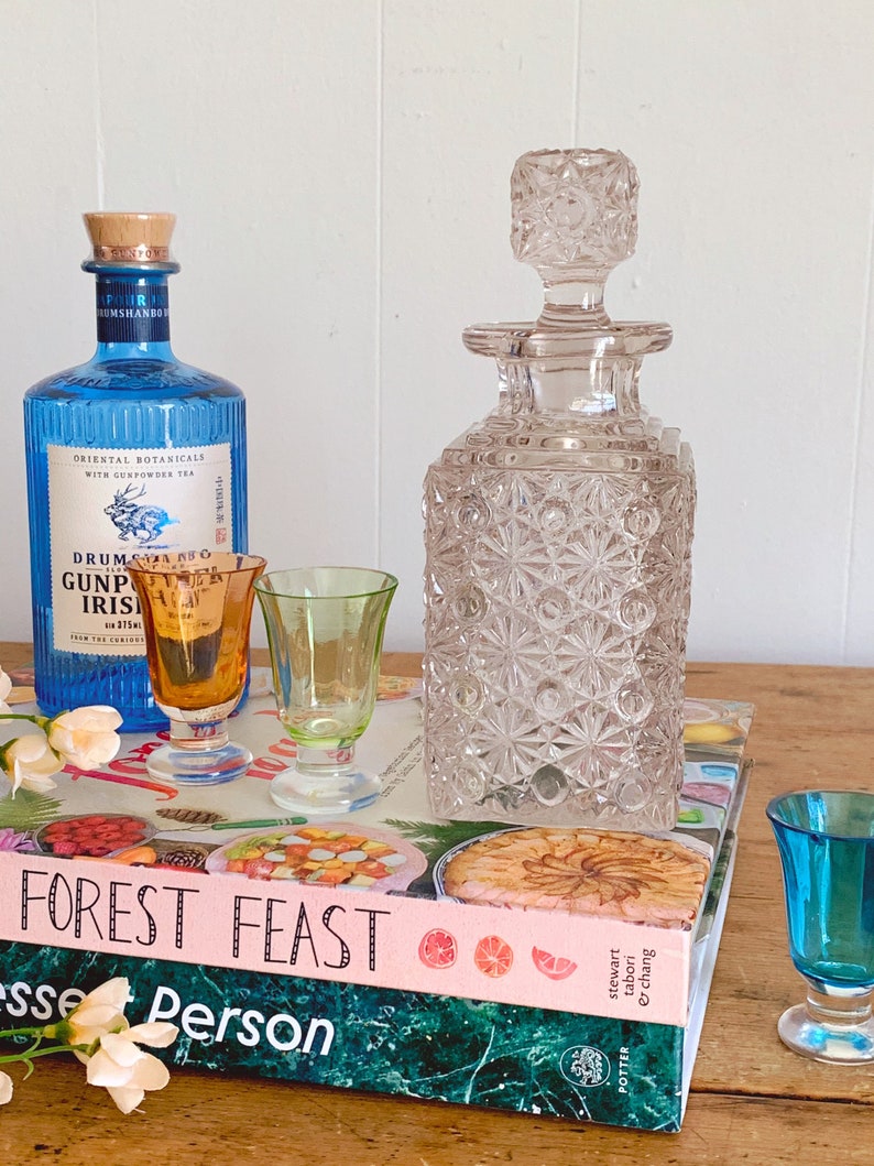 Whiskey Decanter Barware Bar Cart Decor Small Vintage Fenton Glass Pressed Glass Square Decanter in Daisy Button Pattern with Stopper