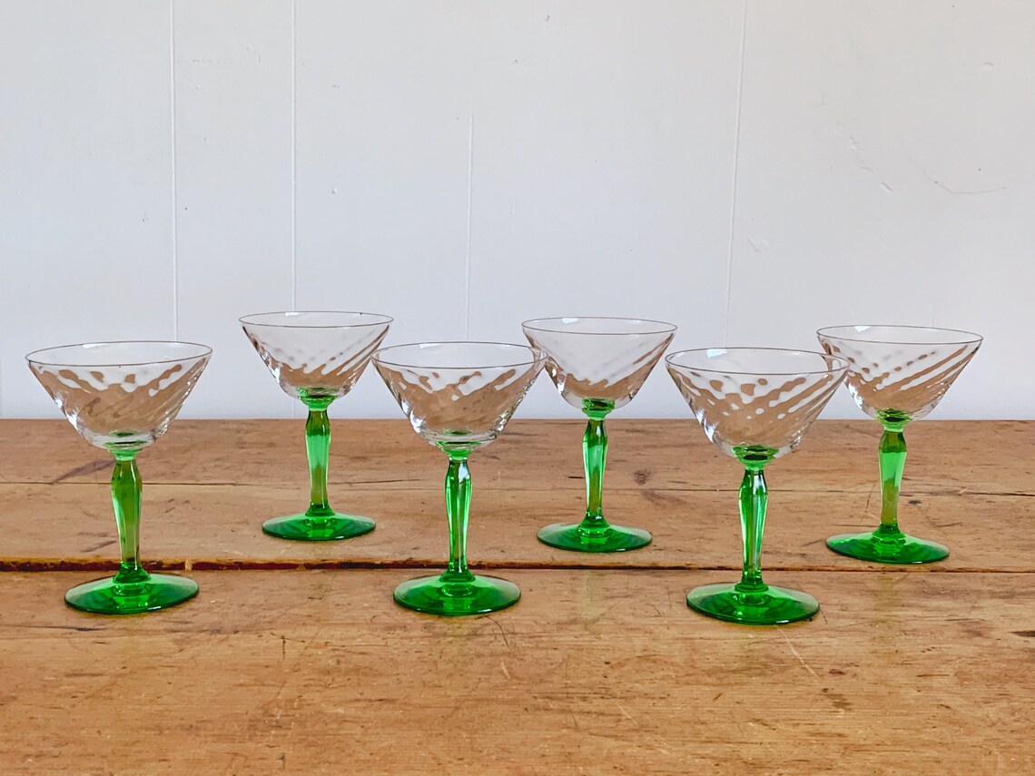 Vintage Martini Glasses with Green Stems and Swirl Glass Bowl Etsy