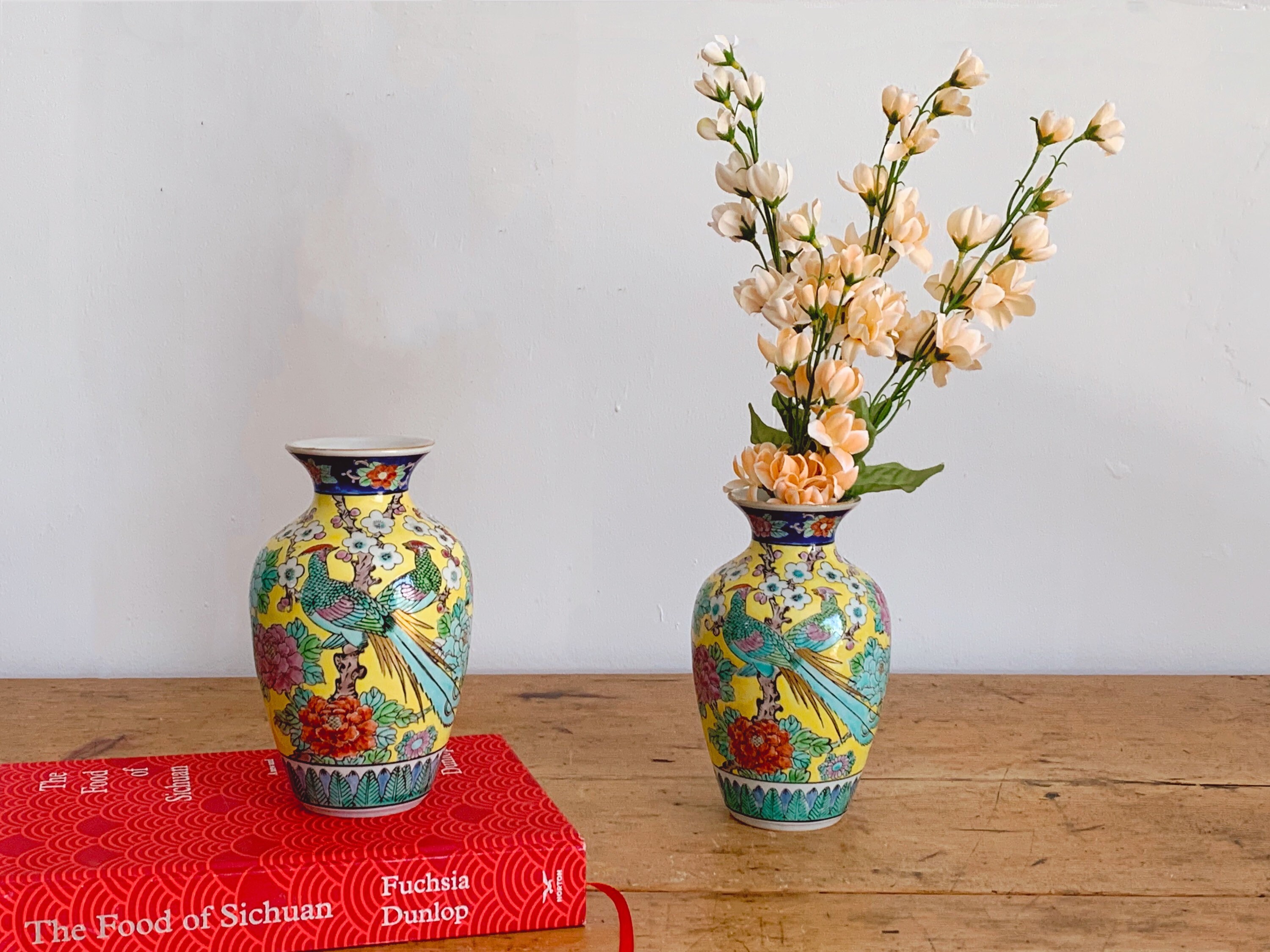 Pair of Vintage Small Yellow Chinese Hand Painted Ceramic Vase Etsy