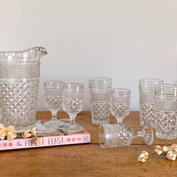 Vintage Pressed Glass Wexford Pitcher, Goblets and Highball Glasses | Mid Century Anchor Hocking Hollywood Regency Juice and Water Glass