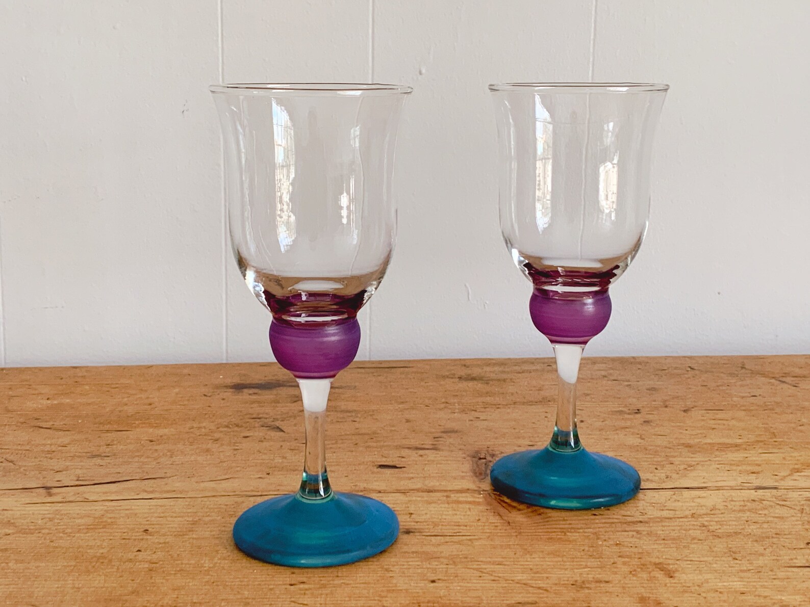 Vintage Handmade Bubble Stem Wine Glasses with Multi Colored Etsy