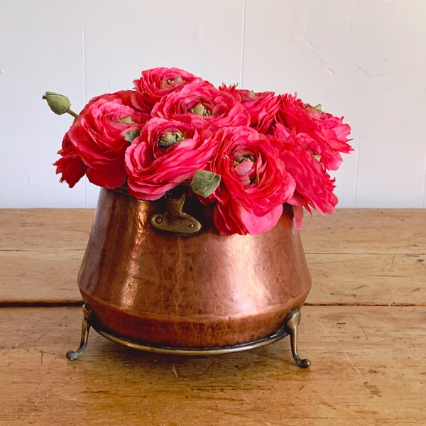 Antique Copper Coal Bucket with Brass Handle and Three Feet | Log Bin Wood Storage Fireplace Decor | Rustic Farmhouse Flower Vase