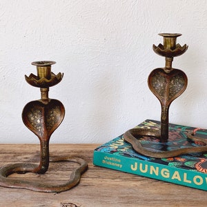 Pair of Vintage Etched Brass and Enamel Cobra Snake Candle Holders