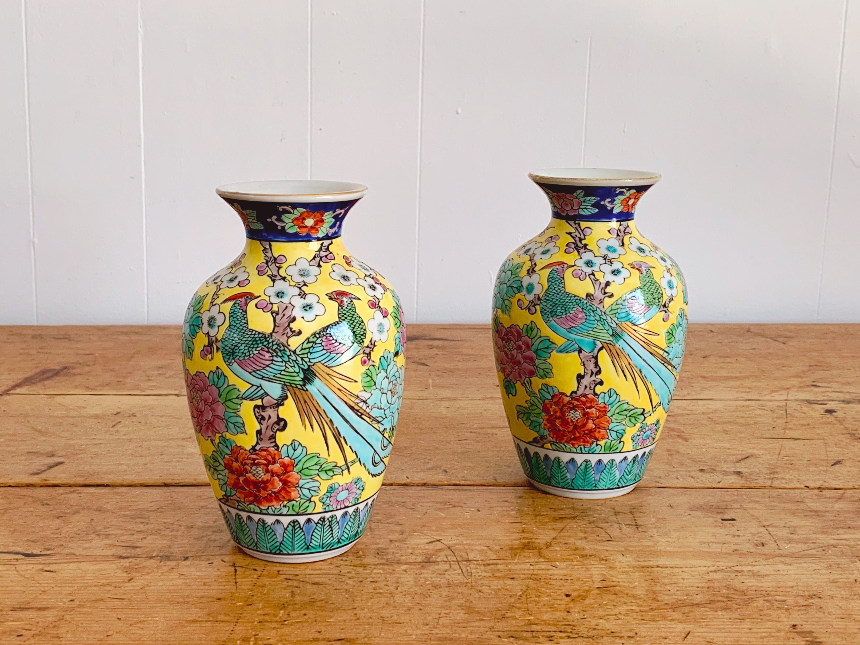 Pair of Vintage Small Yellow Chinese Hand Painted Ceramic Vase Etsy