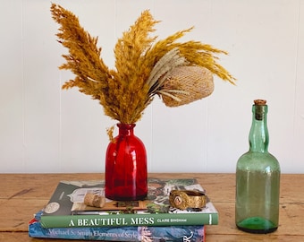 Vintage Rubinrote und grüne Glasflasche mit Kork | Blumenvase vom Bauernhof | Antikes Wasser, Soda, Medizin, Tintenflasche Sammlung