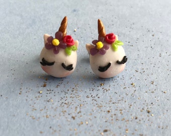 Handmade Polymer Clay Unicorn Earrings: Floral Gold Kawaii