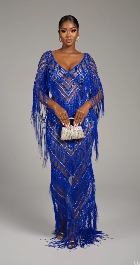 hand-beaded dress for parties Fully dress| Radiant Sapphire Hand-Beaded Fringe Dress| Party sewn beaded detailing across Boho Wedding Dress Elegant Edwards 1996 Mens Ultra SIZE:Small cup B