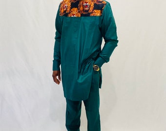 African traditional men's 2 pieces outfit/ Wedding suit/dashiki| plain material mix with isi agu