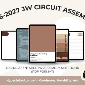 May include: A digital 2026-2027 JW Circuit Assembly notebook in PDF format, featuring multiple tablet screens displaying program schedules, lined note pages, and the title "Happy is the One Trusting in Jehovah" in a neutral color palette.