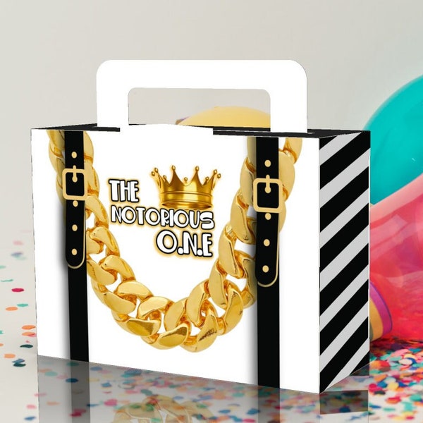 Notorious One, Notorious 1, 1st Birthday, Gold Chain, Crown, King, Luggage, Travel Suitcase, 90s Favor Box