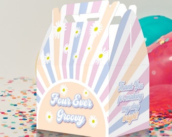 Four Ever Groovy, Hippie, 4to cumpleaños, Colores pastel, Margaritas, Caja Peace Favor