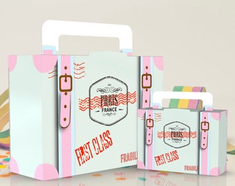 Paris Luggage, First Class, Travel Luggage, Travel Suitcase, Baby Shower, Birthday Favor box