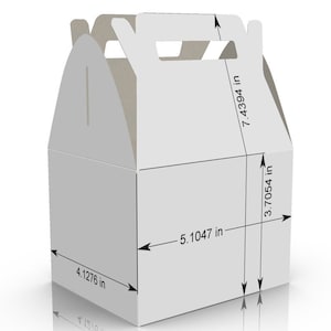 May include: White cardboard box with a handle, measuring 7.4394 inches tall, 5.1047 inches wide, and 3.7054 inches deep. The box has a 4.1276 inch opening on the front.
