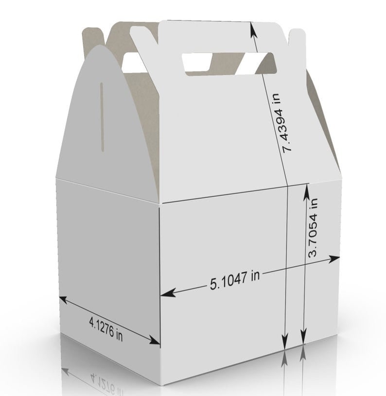 May include: White cardboard box with a handle, measuring 7.4394 inches tall, 5.1047 inches wide, and 3.7054 inches deep. The box has a 4.1276 inch opening on the front.