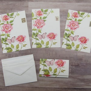 3 Vintage 1960s Roses - Butterfly Folded Stationary Floral Card with Envelope -Gift Giving Journal Ephemera Crafting Scrapbooking