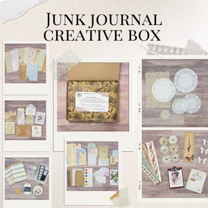 May include: A Junk Journal Creative Box filled with various paper crafting supplies, including paper, tags, doilies, ribbons, and embellishments. The box is brown with a floral design and the text "Junk Journal Creative Box" is printed on the top.