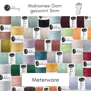 Makramee Garn 3mm Bobbiny, einfach gezwirnt in verschiedenen Längen und Farben | Meterware | Kordel | Bastelschnur