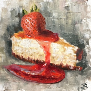 Cheesecake Painting Food Original Art Strawberry Artwork Dessert Wall Art Kitchen Wall Art Small Painting 8 by 8 Inches by ArtByBrencane