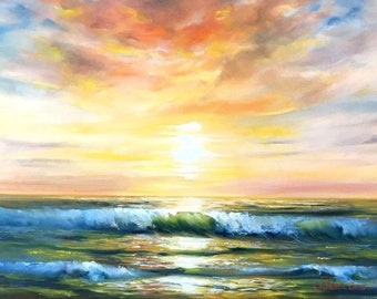 Laguna Beach Painting Seascape Original Art California Sunset Artwork 20 by 28 Inches Original Oil Painting By ArtByBrencane