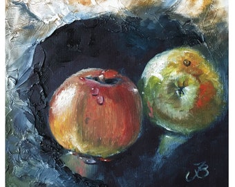 Apple Painting Fruit Original Art Small Oil Painting Kitchen Wall Art Apple Artwork 8 by 8 Inches by ArtByBrencane