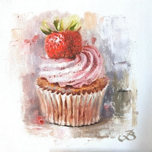 Strawberry Cupcake Painting Food Original Art Strawberry Dessert Artwork Kitchen Wall Art Small Painting 8 by 8 Inch by ArtByBrencane