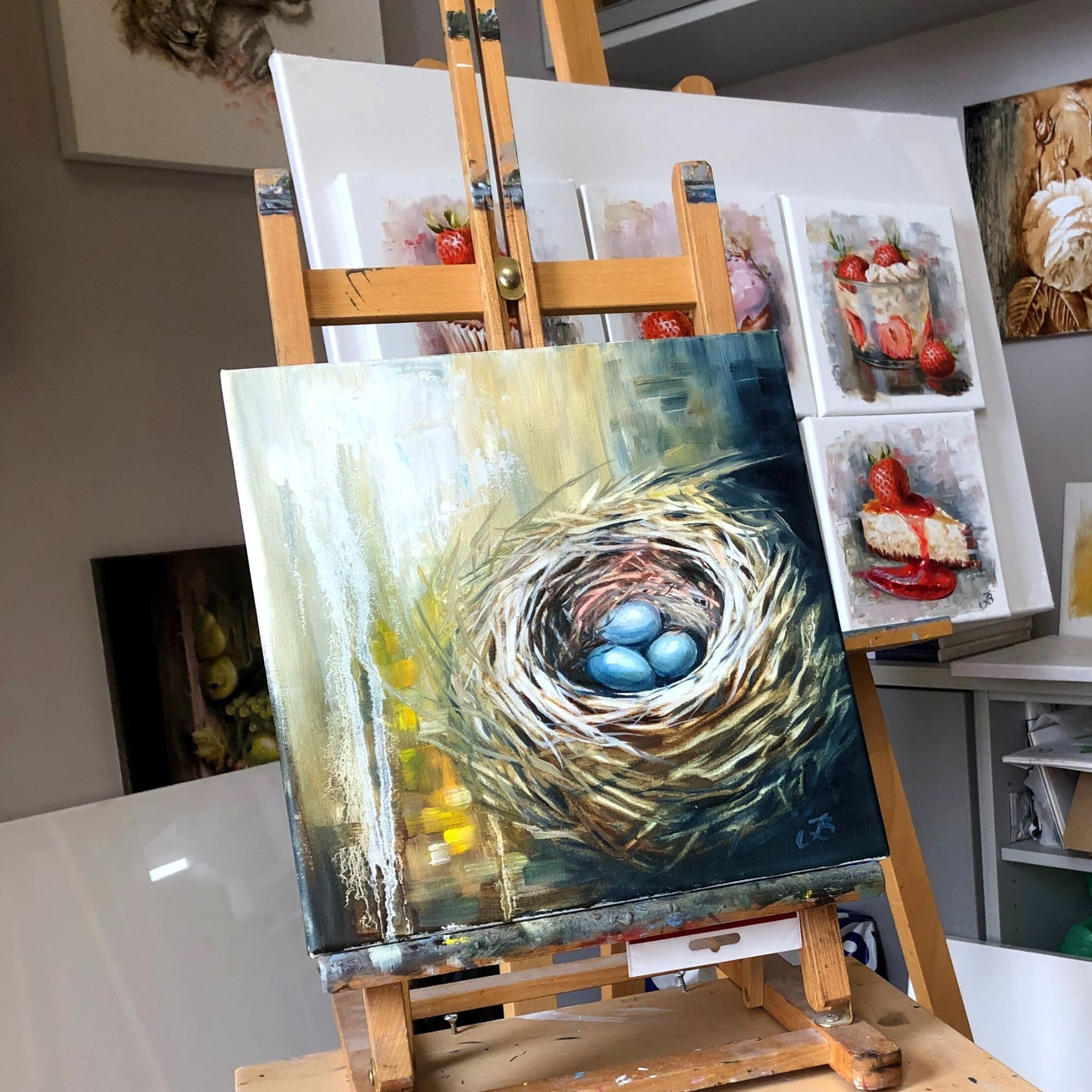 Bird Nest Painting Meadow Original Art Bird Nest Wall Art Meadow