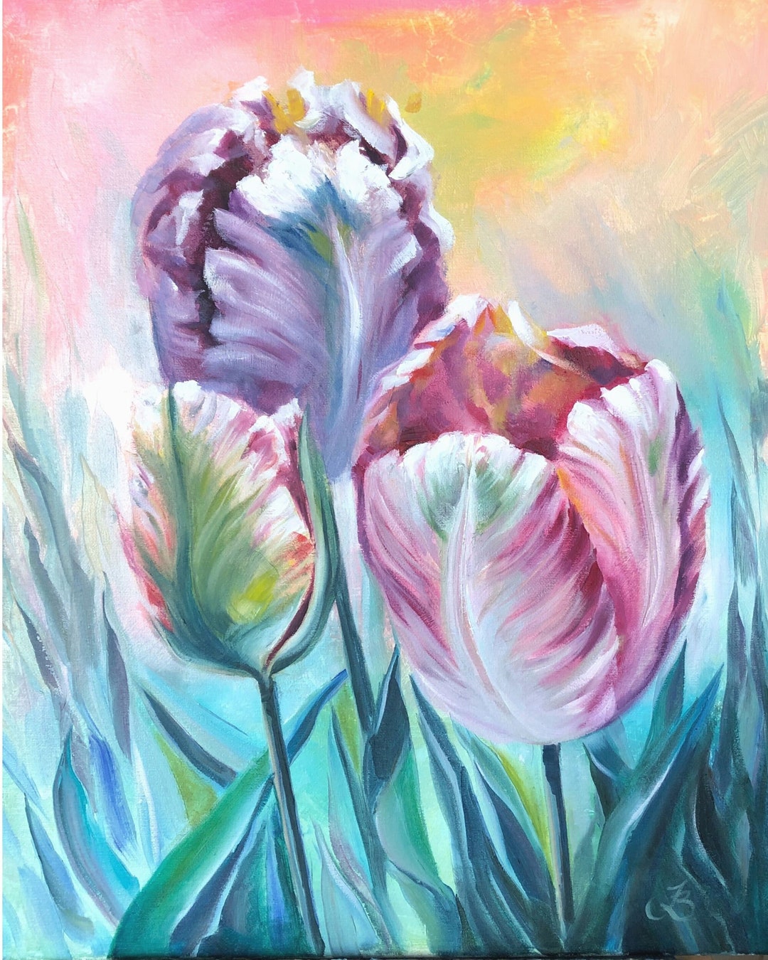 Tulip Painting Floral Original Art Flower Artwork Parrot Tulip Oil ...